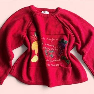 Vintage 80s Vibrant Red Sweater with Fruit Design